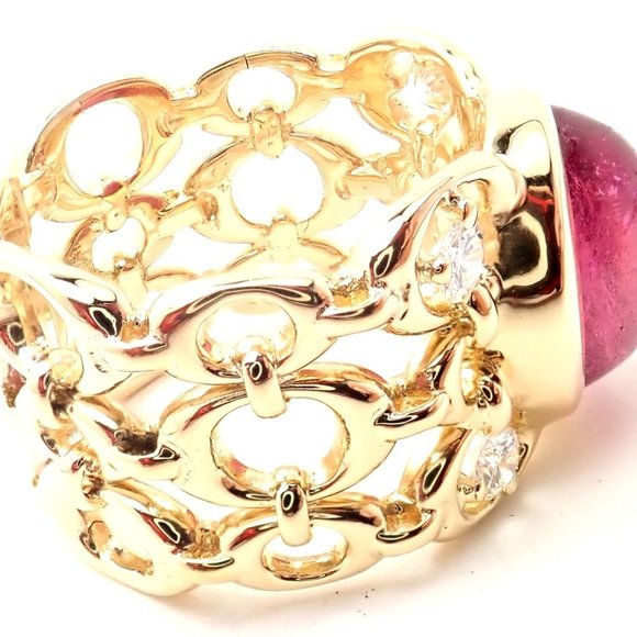 Authentic Christian Dior 18k Yellow Gold Diamond Large Pink Tourmaline Band Ring - Picture 3 of 9
